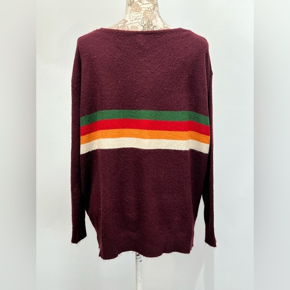 WISHLIST Deep eggplant with rainbow stripe V neck sweater size M/L. - Picture 4 of 12